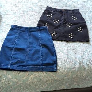 Two Denim Skirts, Blue size 2, Black with Rhinestone Flowers size XS